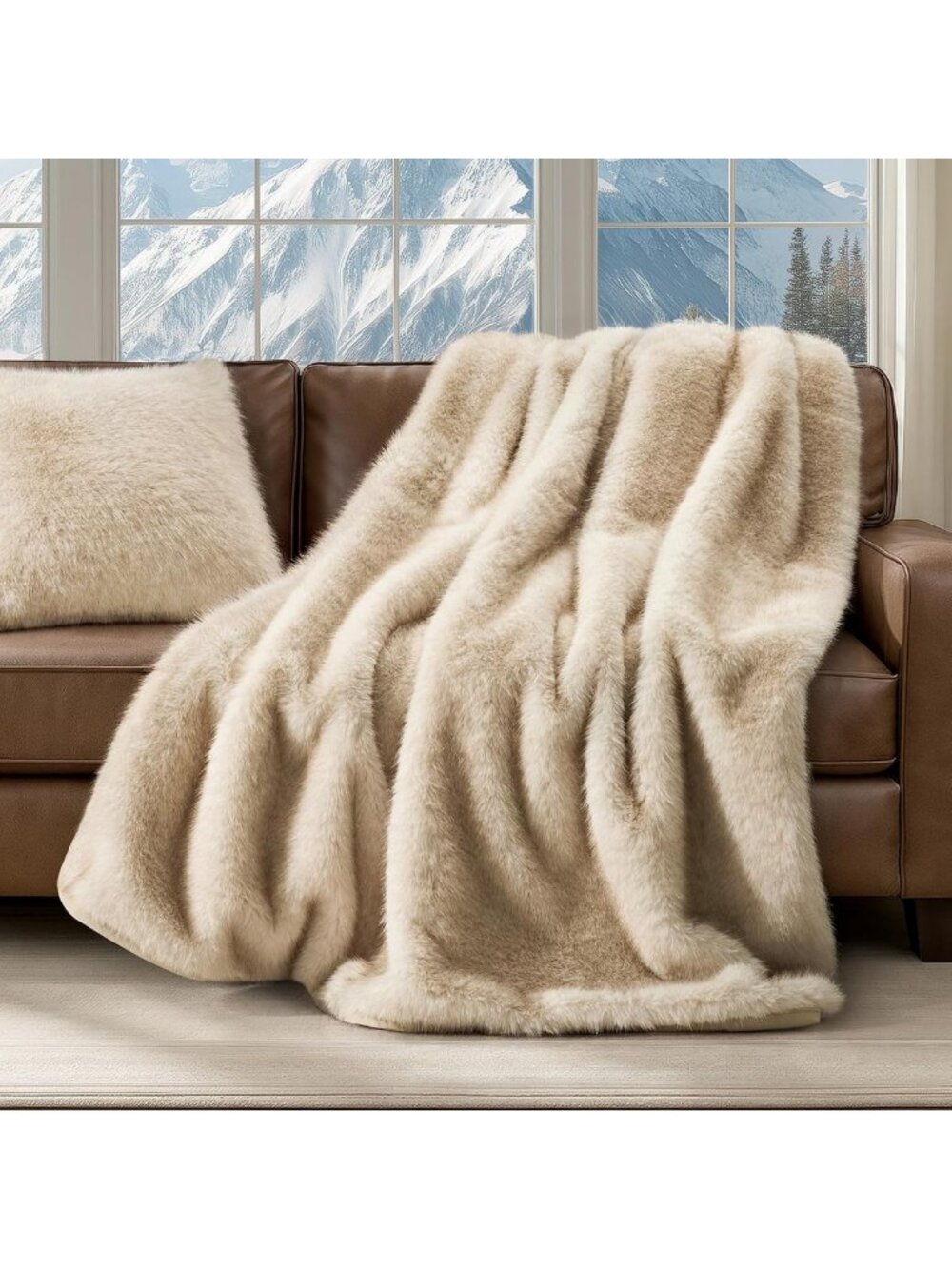 Luxury Faux Fur Throw Blanket 50"x60", Cozy Tipped Golden Fox Design, Soft
